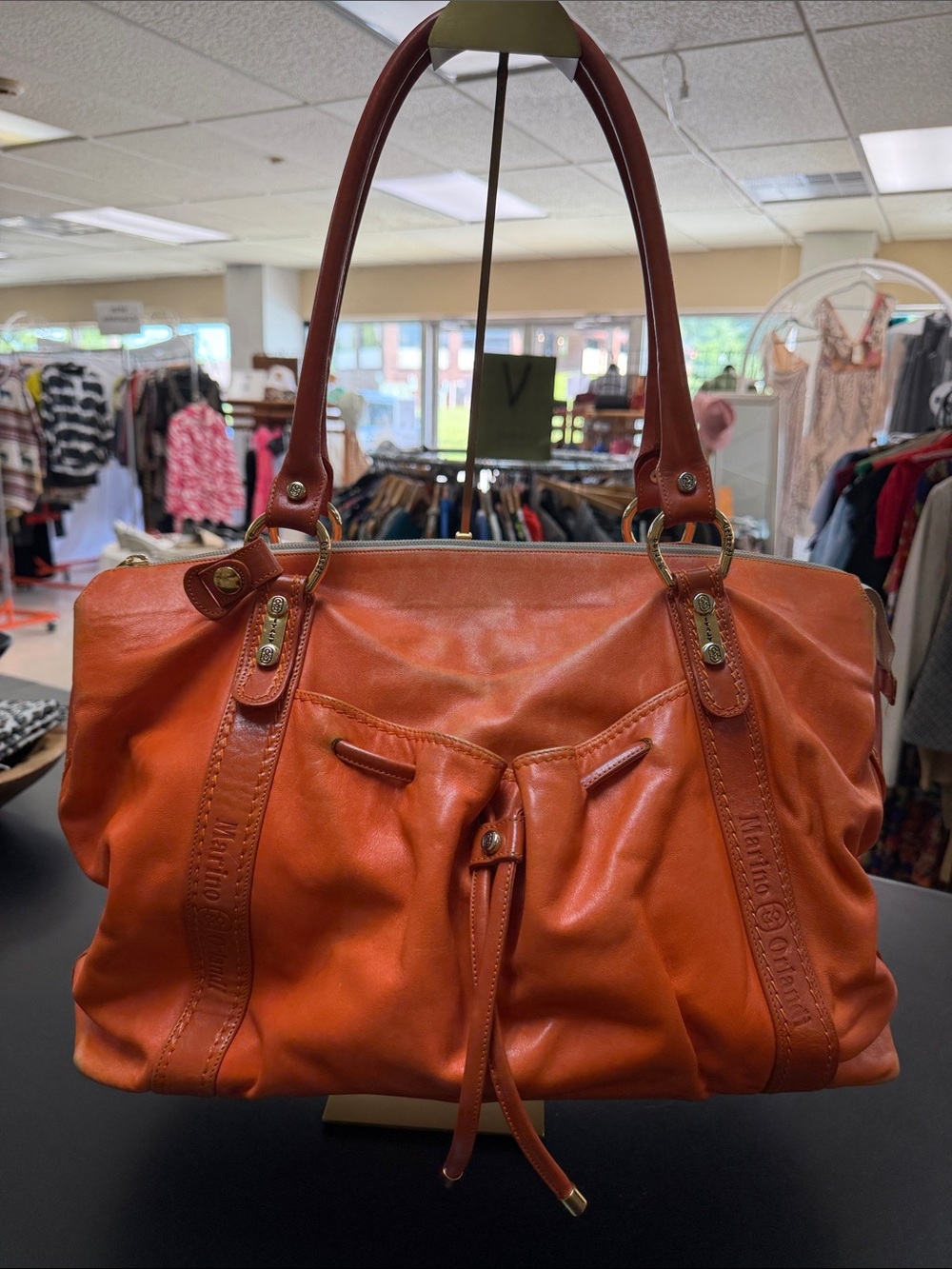 Marino Orlandi Vibrant Orange Leather Drawstring Shoulder Tote